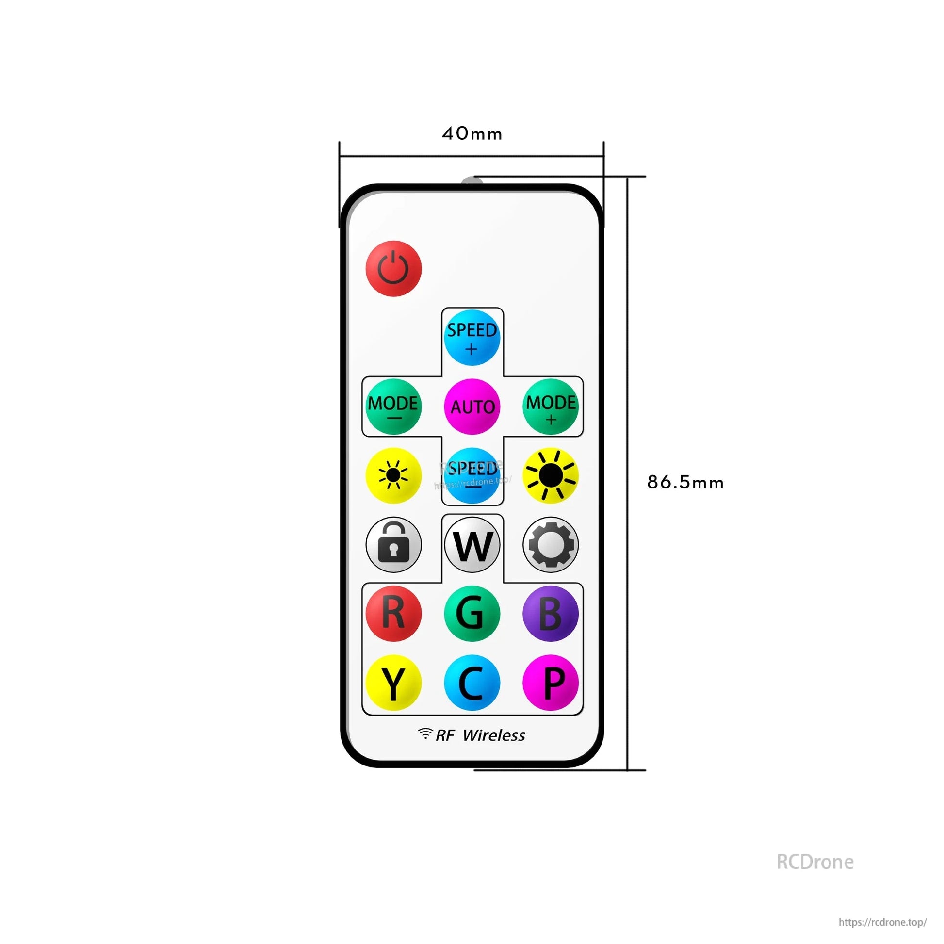 RF wireless RGB LED controller remote with color and mode buttons, 40mm wide and 86.5mm tall