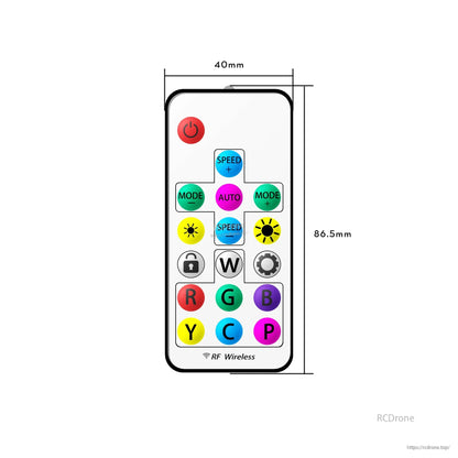 RF wireless RGB LED controller remote with color and mode buttons, 40mm wide and 86.5mm tall