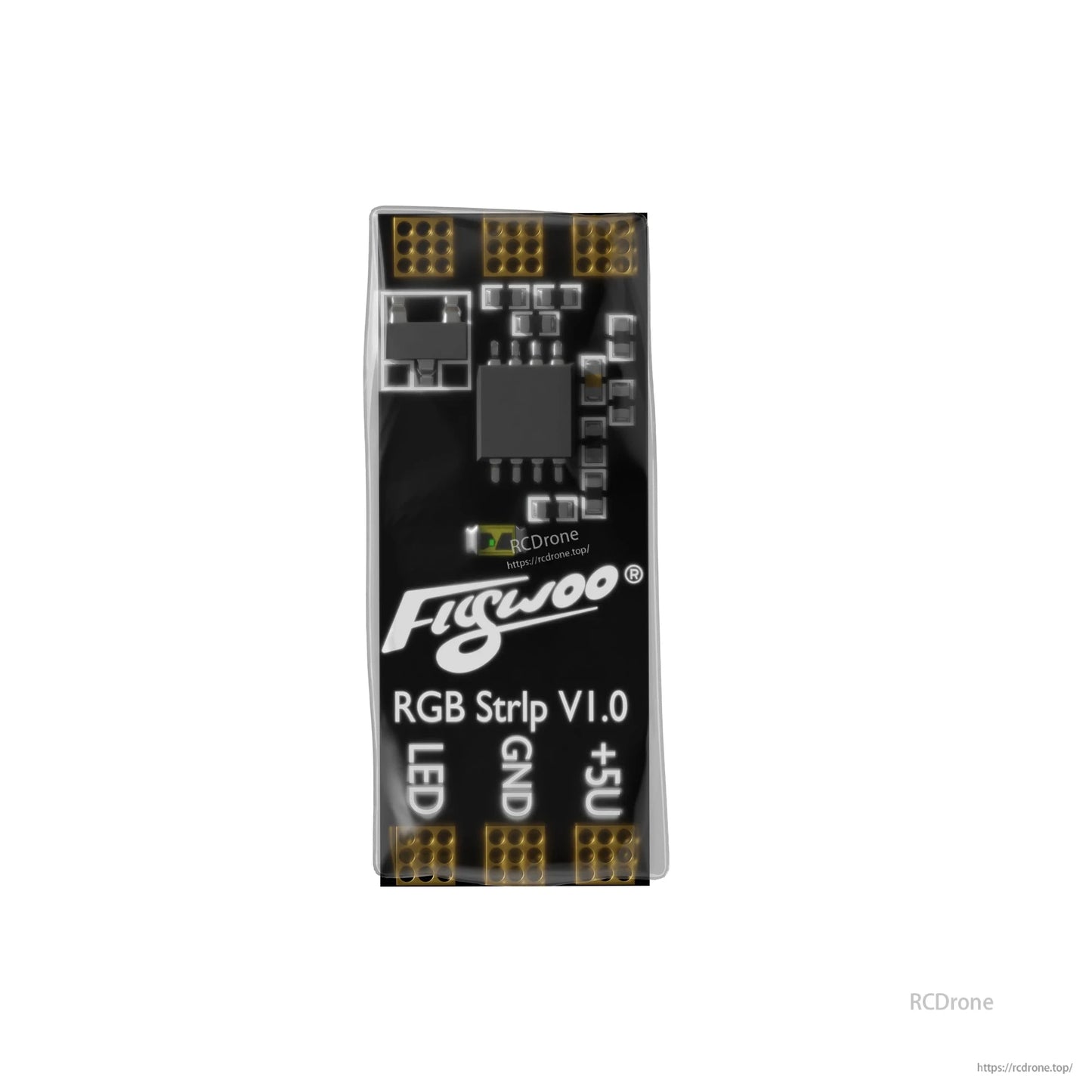 Flywoo RGB Strip V1.0 LED controller board with solder pads labeled LED, GND, and +5V