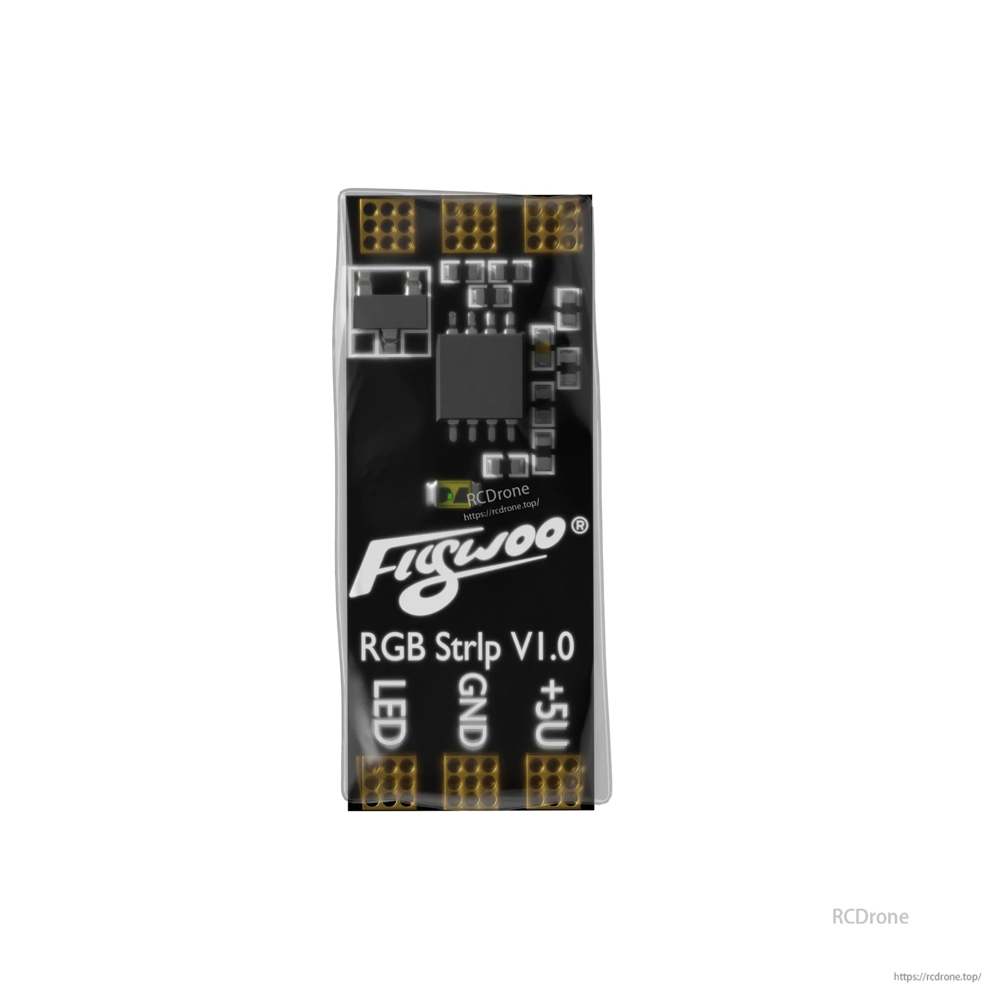 Flywoo RGB Strip V1.0 LED controller board with solder pads labeled LED, GND, and +5V