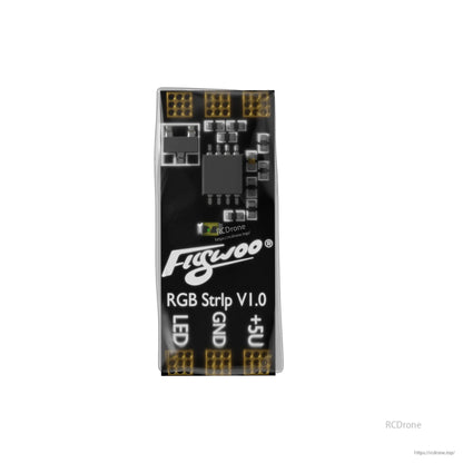 Flywoo RGB Strip V1.0 LED controller board with solder pads labeled LED, GND, and +5V