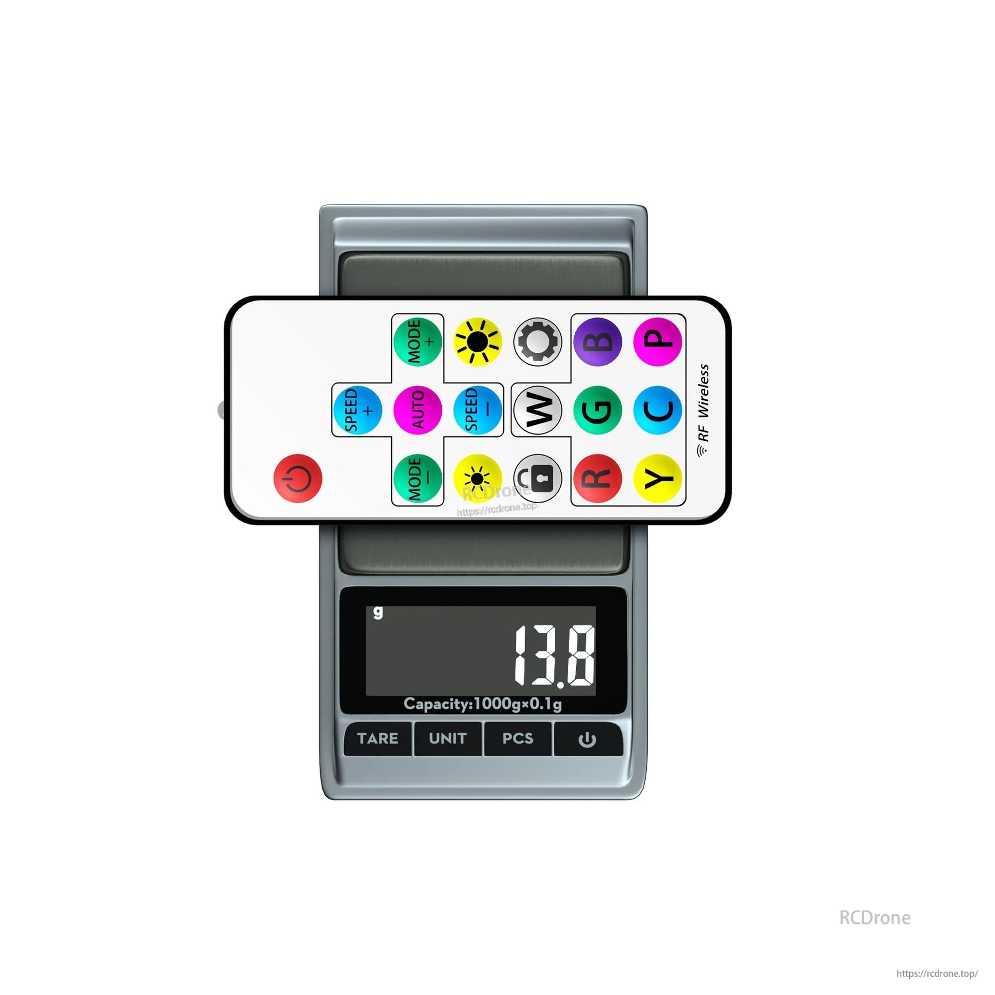 Flywoo FPV Wireless LED controller remote on a digital scale reading 138g, with multicolor control buttons