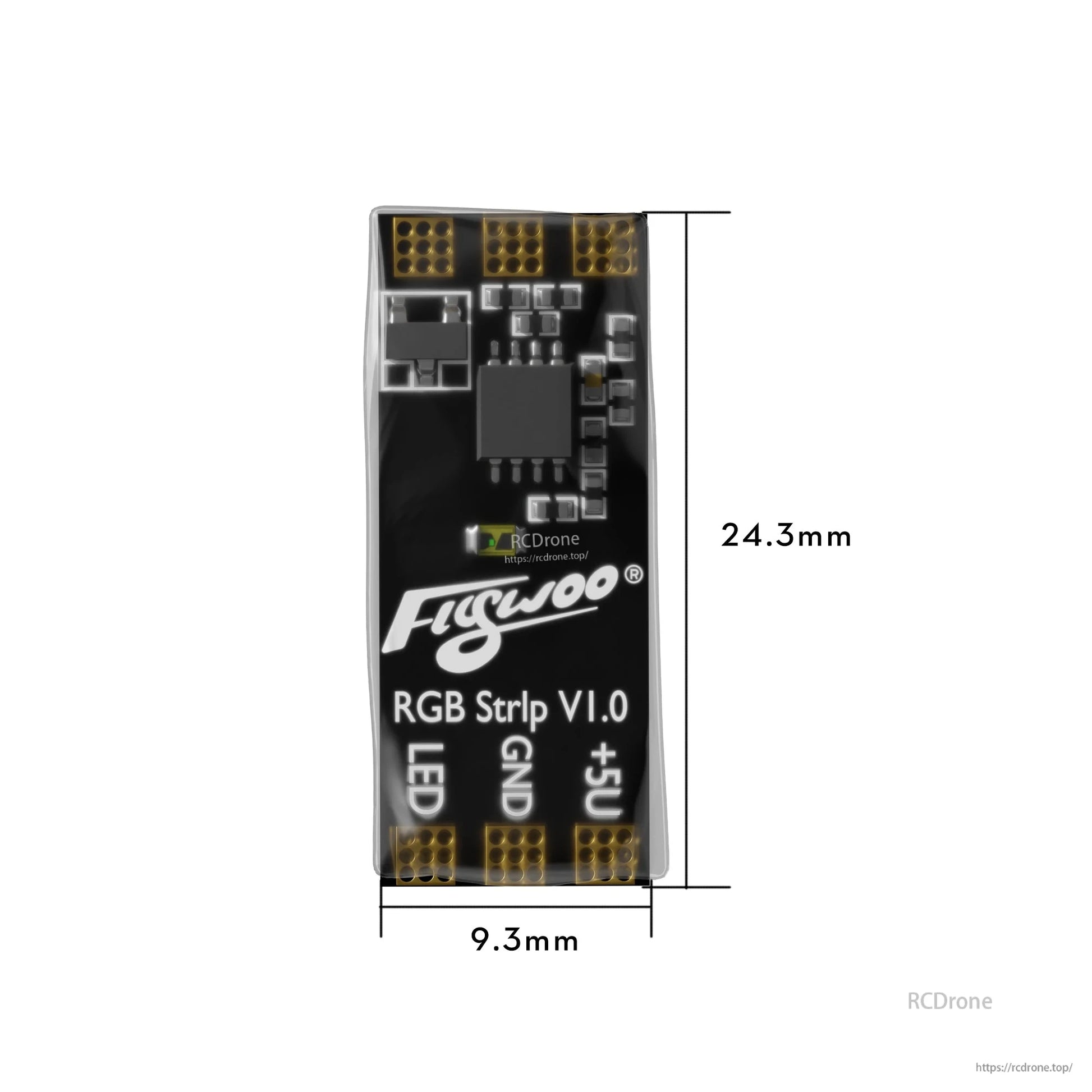 Flywoo RGB Strip V1.0 LED controller board with LED, GND and +5V pads, 24.3 x 9.3 mm