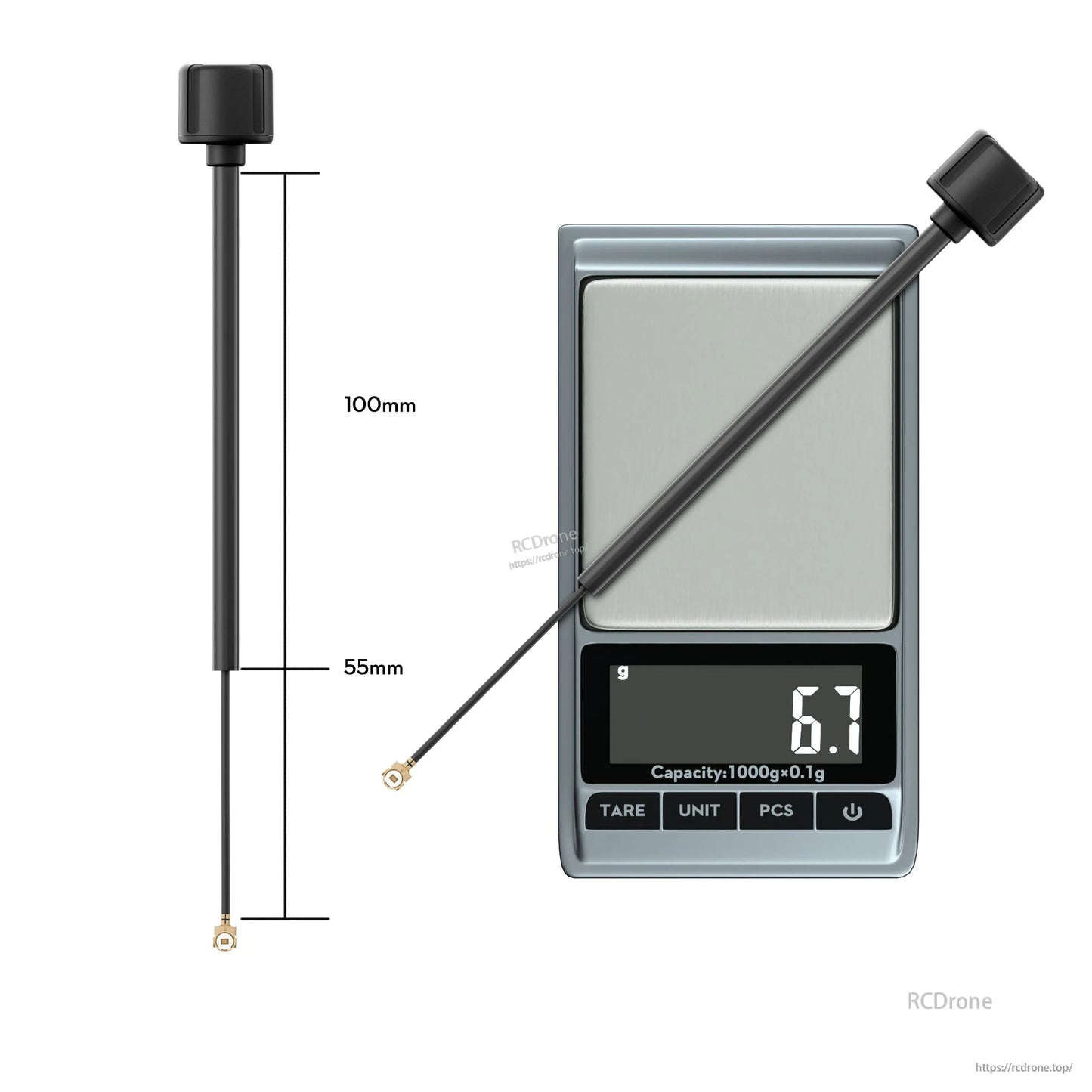 Flywoo LDS 5.8GHz FPV antenna with square tip, UFL pigtail connector, 100mm length and 6.7g weight