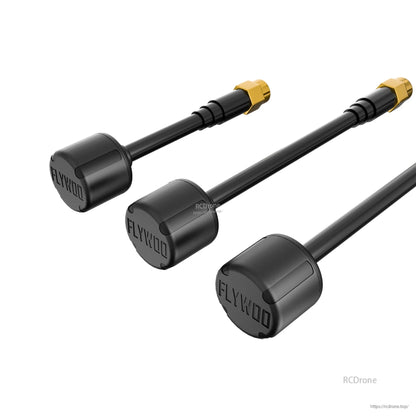 Flywoo LDS 5.8GHz FPV Antenna, Flywoo 5.8GHz FPV antenna with long black coax lead and gold SMA connector, Flywoo-branded low-profile head