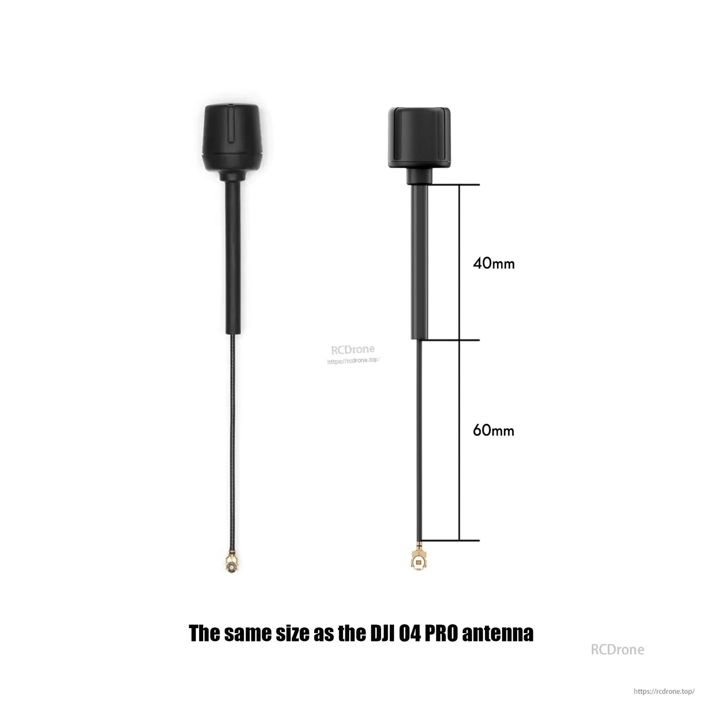 Flywoo LDS 5.8GHz FPV Antenna, Flywoo 5.8GHz FPV antenna with black stubby housing, U.FL (UFL) coax pigtail, and 40mm/60mm length markings