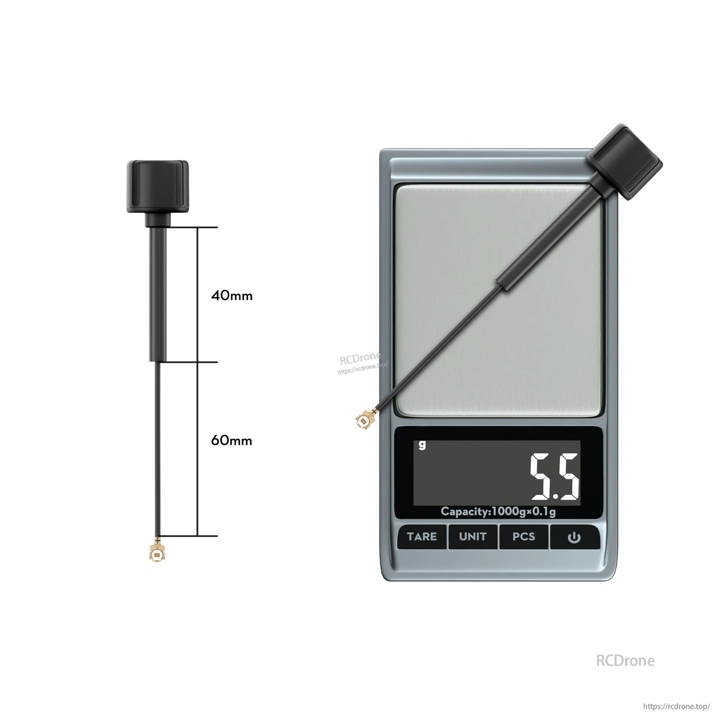 Flywoo LDS 5.8GHz FPV Antenna, Flywoo 5.8GHz FPV antenna with UFL connector, slim coax lead, 40mm body and 60mm cable length, 5.5g