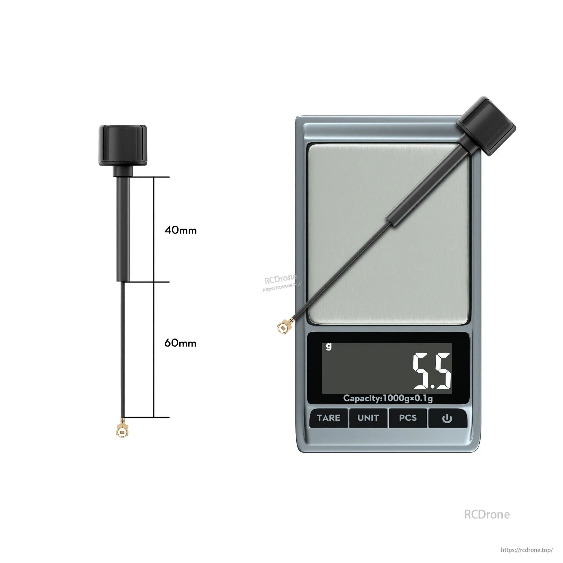 Flywoo LDS 5.8GHz FPV Antenna, Flywoo 5.8GHz FPV antenna with UFL connector, slim coax lead, 40mm body and 60mm cable length, 5.5g