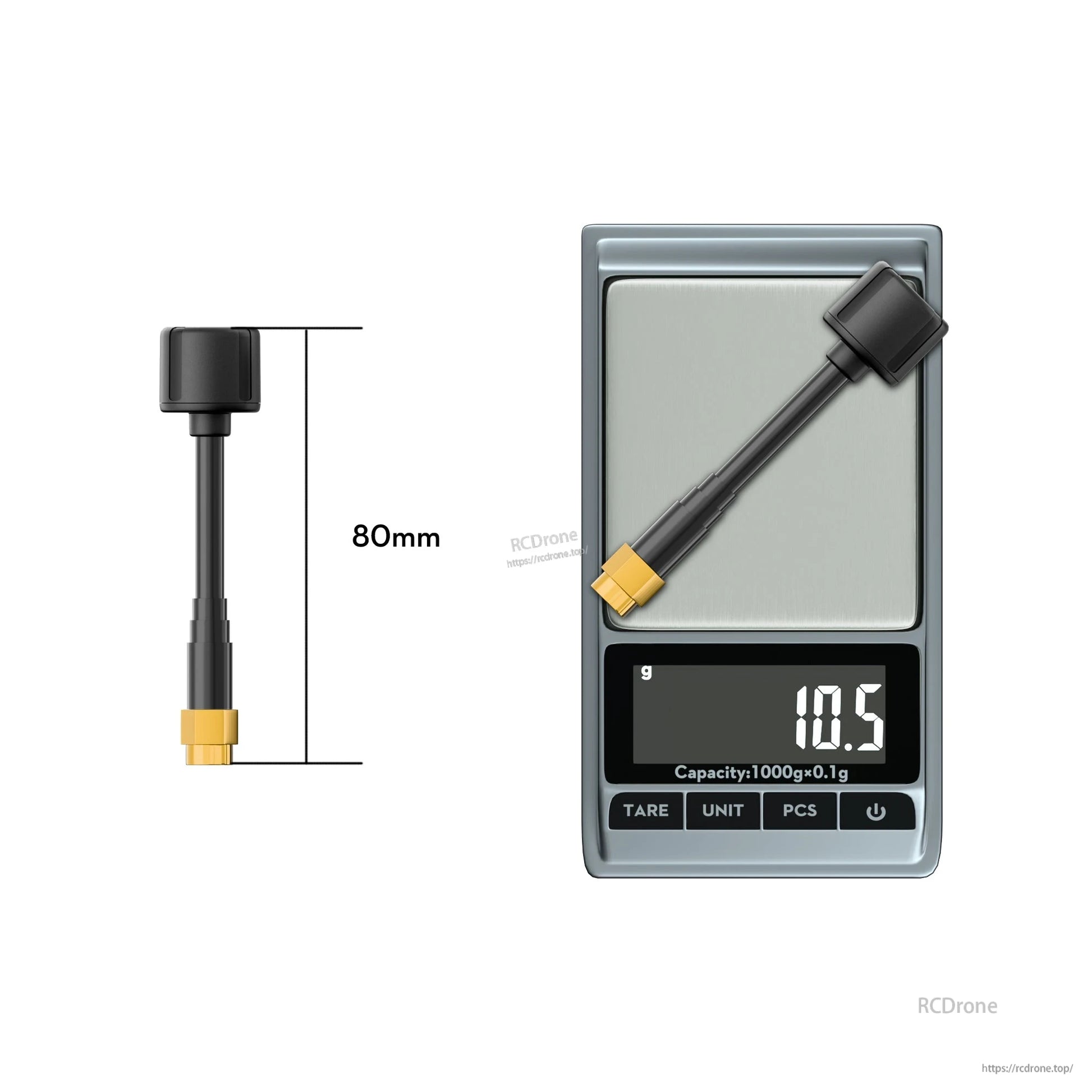 Flywoo LDS 5.8GHz FPV Antenna, Flywoo 5.8GHz LHCP FPV antenna with SMA connector, 80mm length, shown on scale reading 10.5g