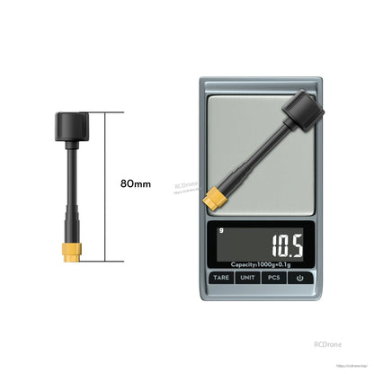 Flywoo LDS 5.8GHz FPV Antenna, Flywoo 5.8GHz LHCP FPV antenna with SMA connector, 80mm length, shown on scale reading 10.5g