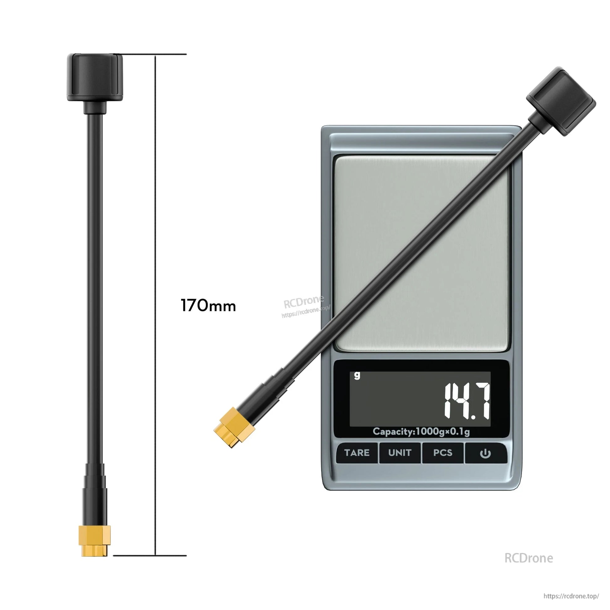 Flywoo LDS 5.8GHz FPV Antenna, Flywoo 5.8GHz LHCP FPV antenna with 170mm black coax lead, stubby top element, and gold connector