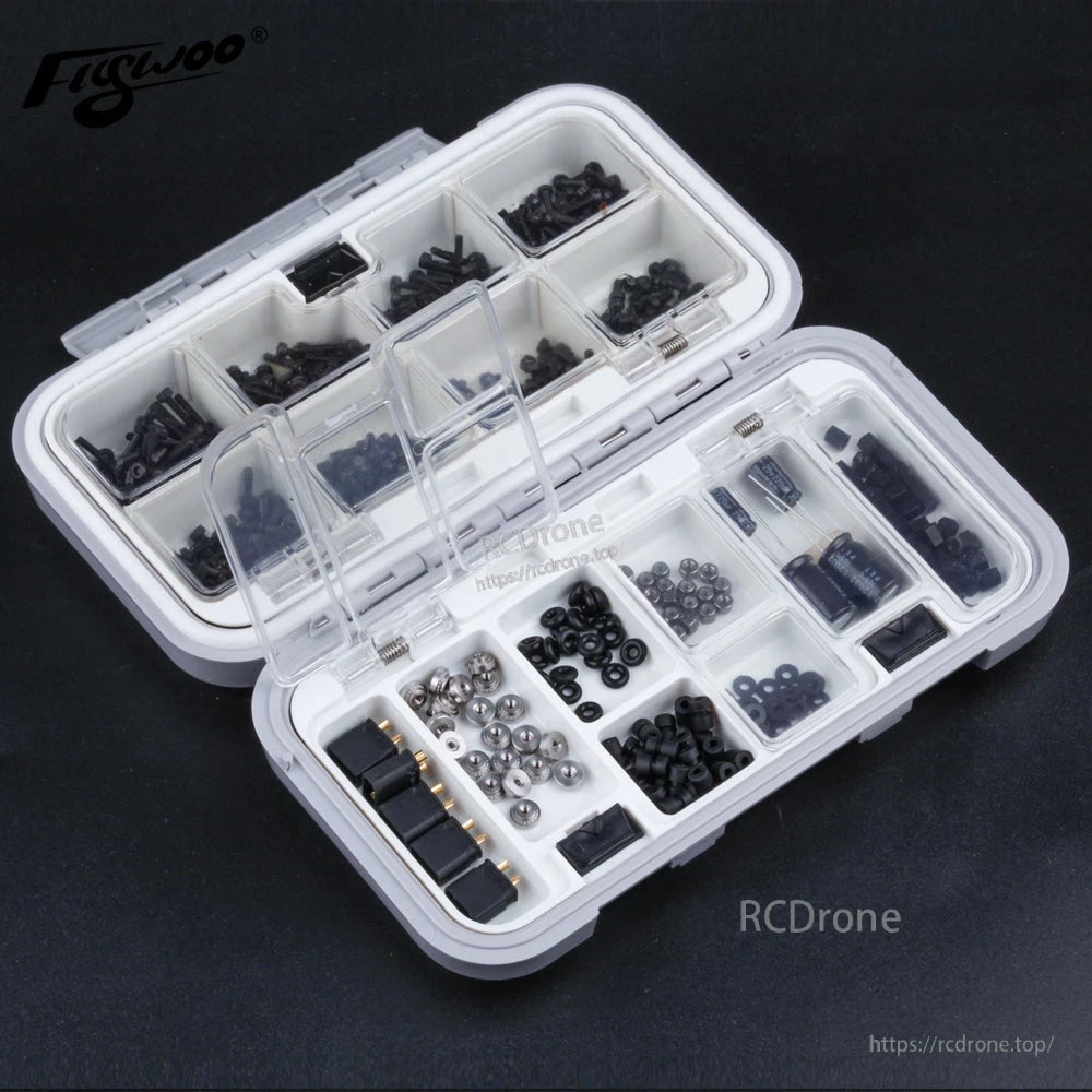Flywoo M2 Hardware Pack for FPV Building, Flywoo M2 FPV hardware pack in a compartment case with assorted screws, nuts, washers and standoffs