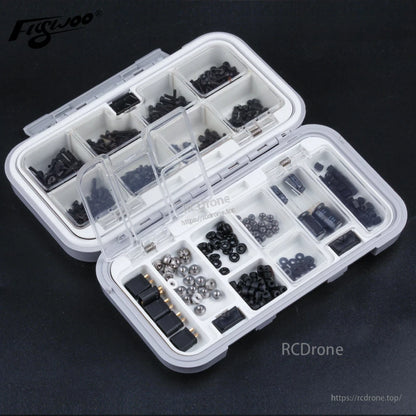 Flywoo M2 Hardware Pack for FPV Building, Flywoo M2 FPV hardware pack in a compartment case with assorted screws, nuts, washers and standoffs