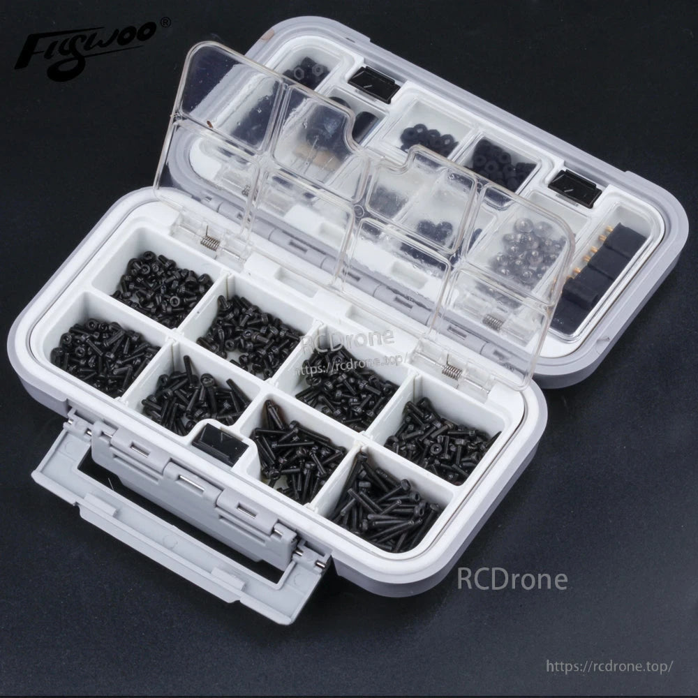 Flywoo M2 Hardware Pack for FPV Building, Flywoo M2 FPV hardware pack in a compartment organizer case with assorted black screws and small parts