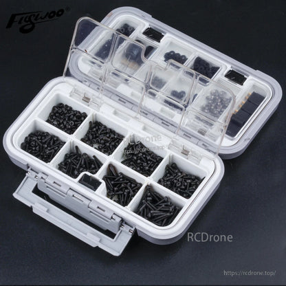 Flywoo M2 Hardware Pack for FPV Building, Flywoo M2 FPV hardware pack in a compartment organizer case with assorted black screws and small parts