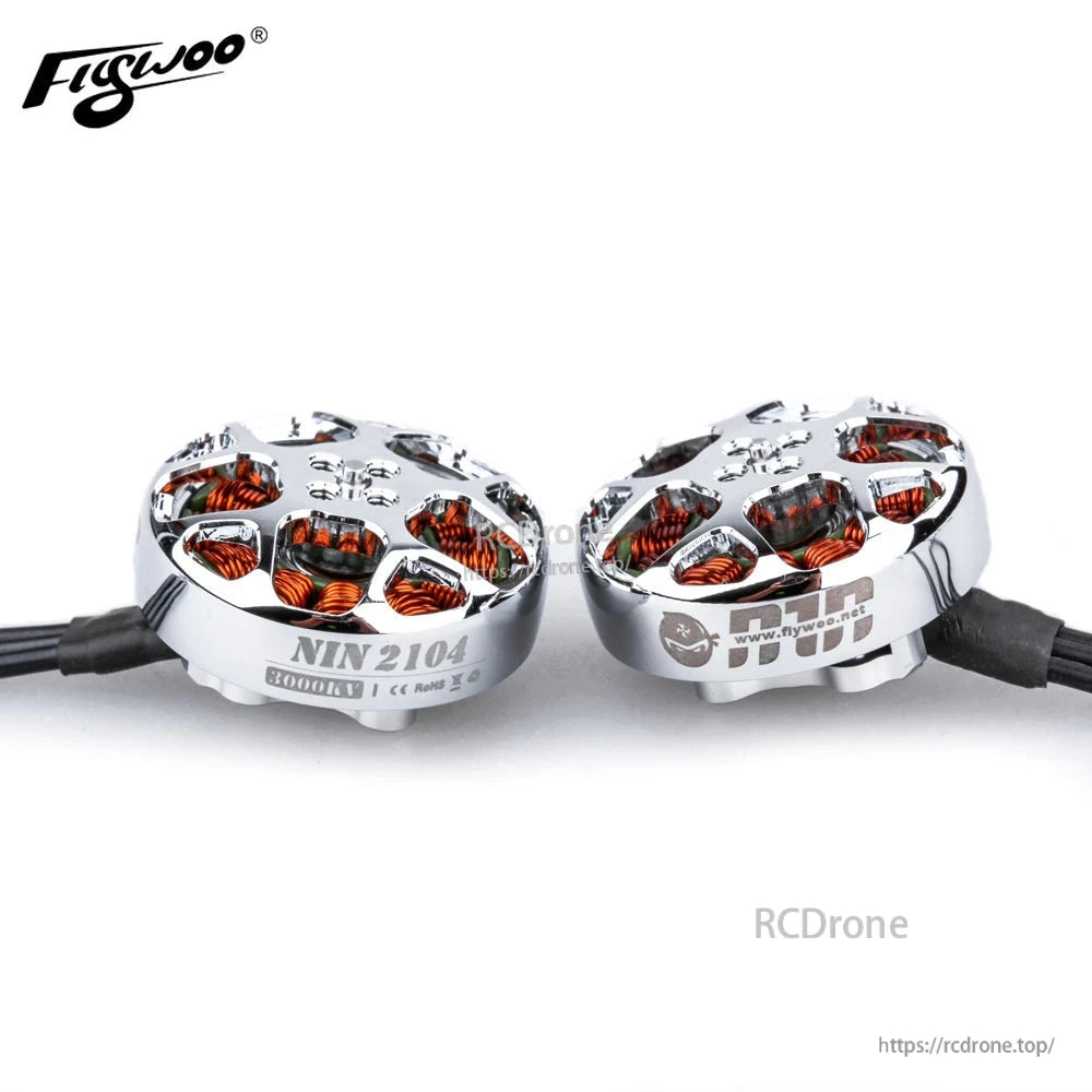 Flywoo NIN 2104 Ultralight FPV Motor, Pair of Flywoo NIN 2104 ultralight FPV brushless motors with silver housings and exposed copper windings