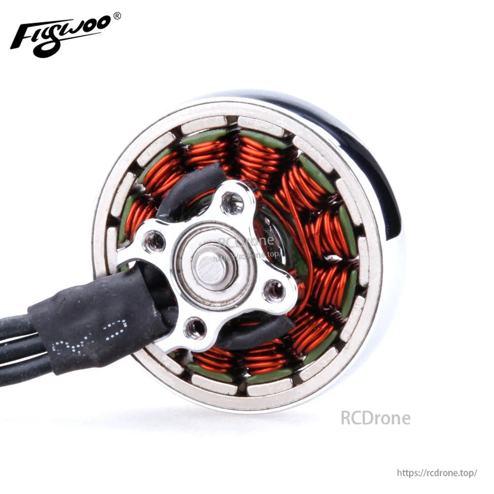Flywoo NIN 2303.5 Ultralight FPV Motor, Close-up of Flywoo NIN 2303.5 FPV brushless motor base with copper windings, mounting plate, and lead wires