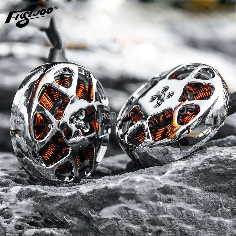Close-up of Flywoo NIN 2303.5 ultralight FPV motor with silver bell housing and exposed copper windings