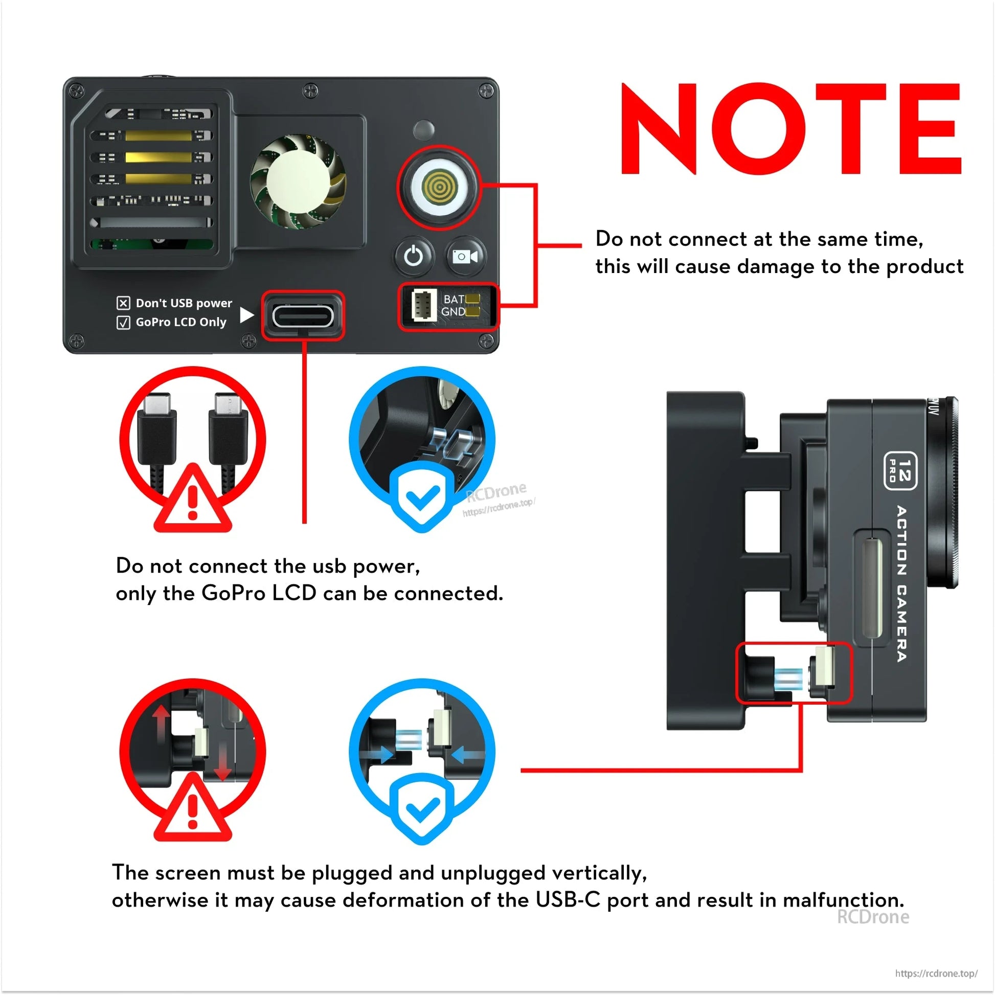 Flywoo Naked GoPro V2 Pro action camera board with USB-C LCD port and BAT/GND power connector note