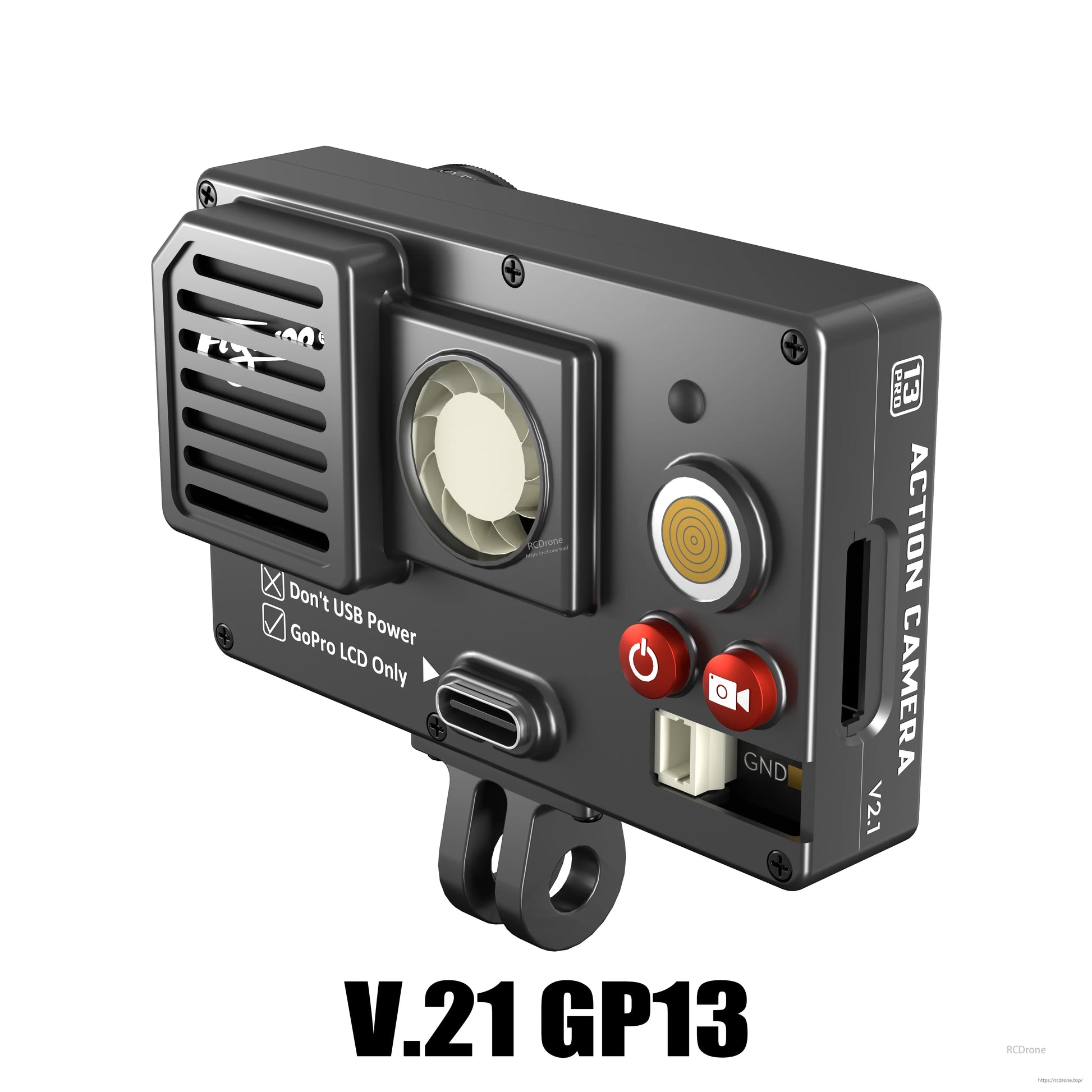Flywoo Naked GoPro V2.1 action camera case with USB-C port, control buttons, and mounting tab