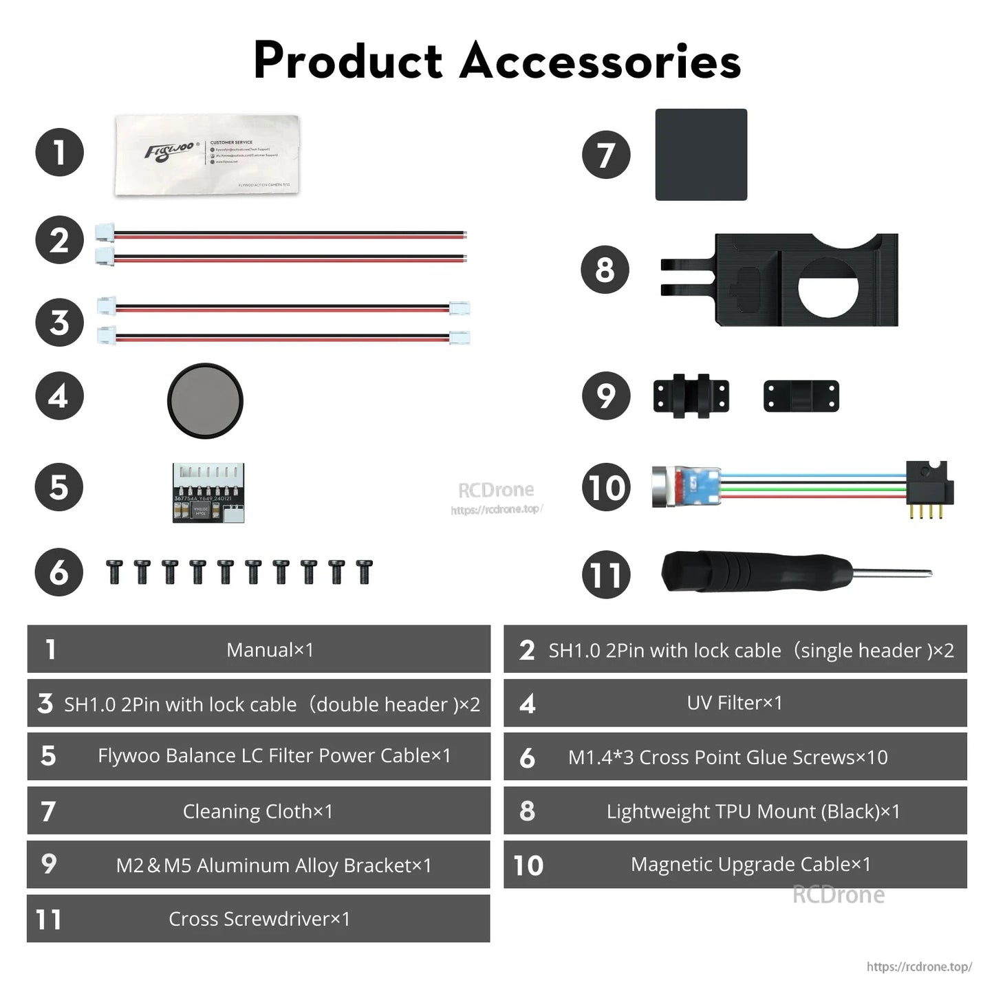 Flywoo Naked GoPro V2 Pro accessory kit with TPU mount, UV filter, cables, screws, brackets and screwdriver