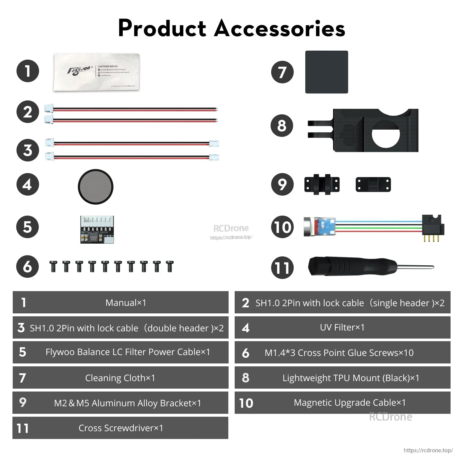 Flywoo Naked GoPro V2 Pro accessory kit with TPU mount, UV filter, cables, screws, brackets and screwdriver