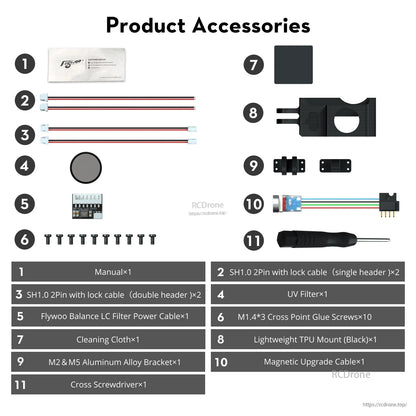 Flywoo Naked GoPro V2 Pro accessory kit with TPU mount, UV filter, cables, screws, brackets and screwdriver
