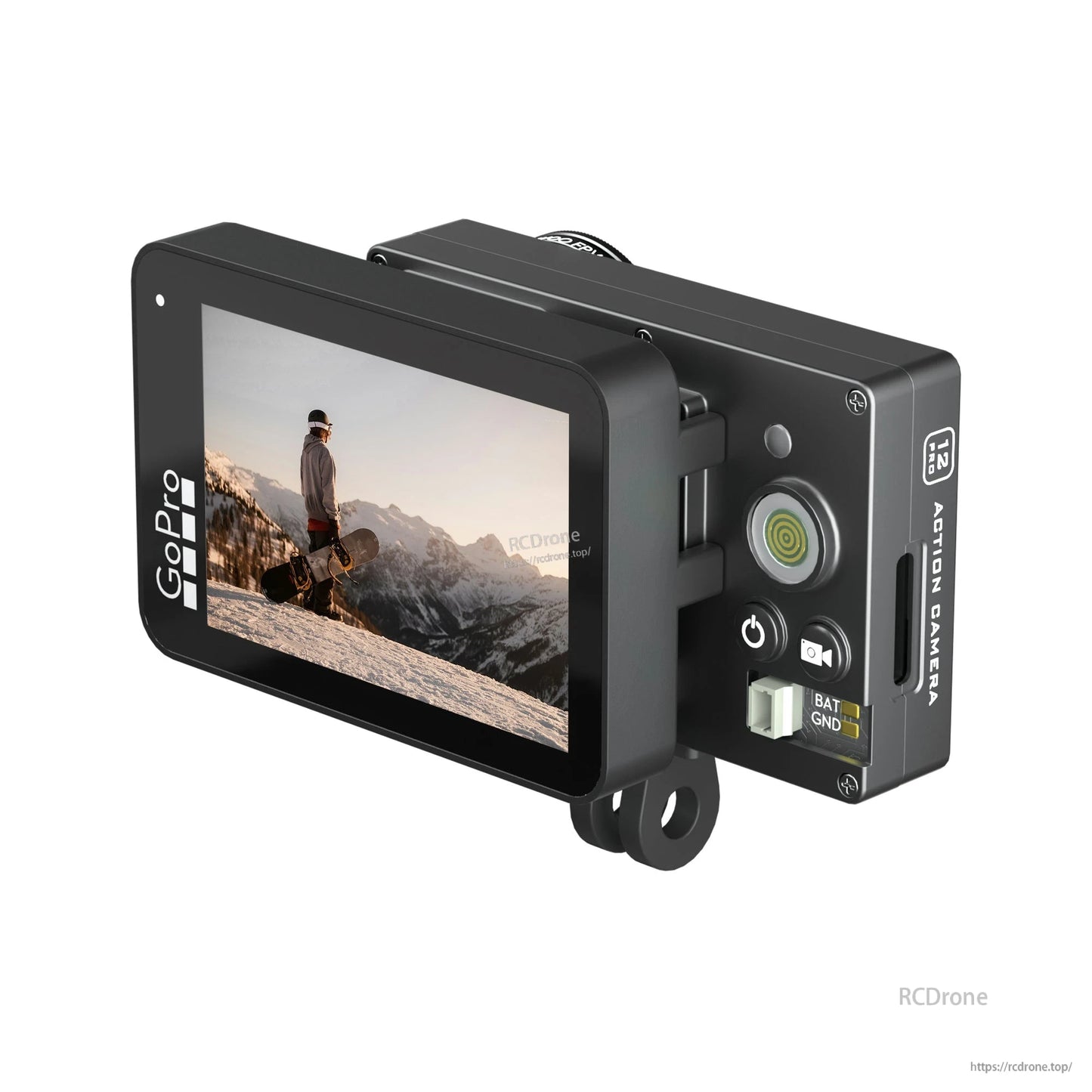 Flywoo naked GoPro-style action camera with rear screen, lens, control buttons, and BAT/GND power connector