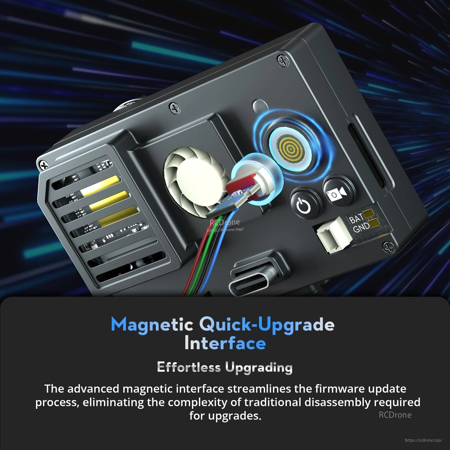 Flywoo Naked GoPro V2 Pro camera module with magnetic quick-upgrade connector, USB-C port, and BAT/GND pads