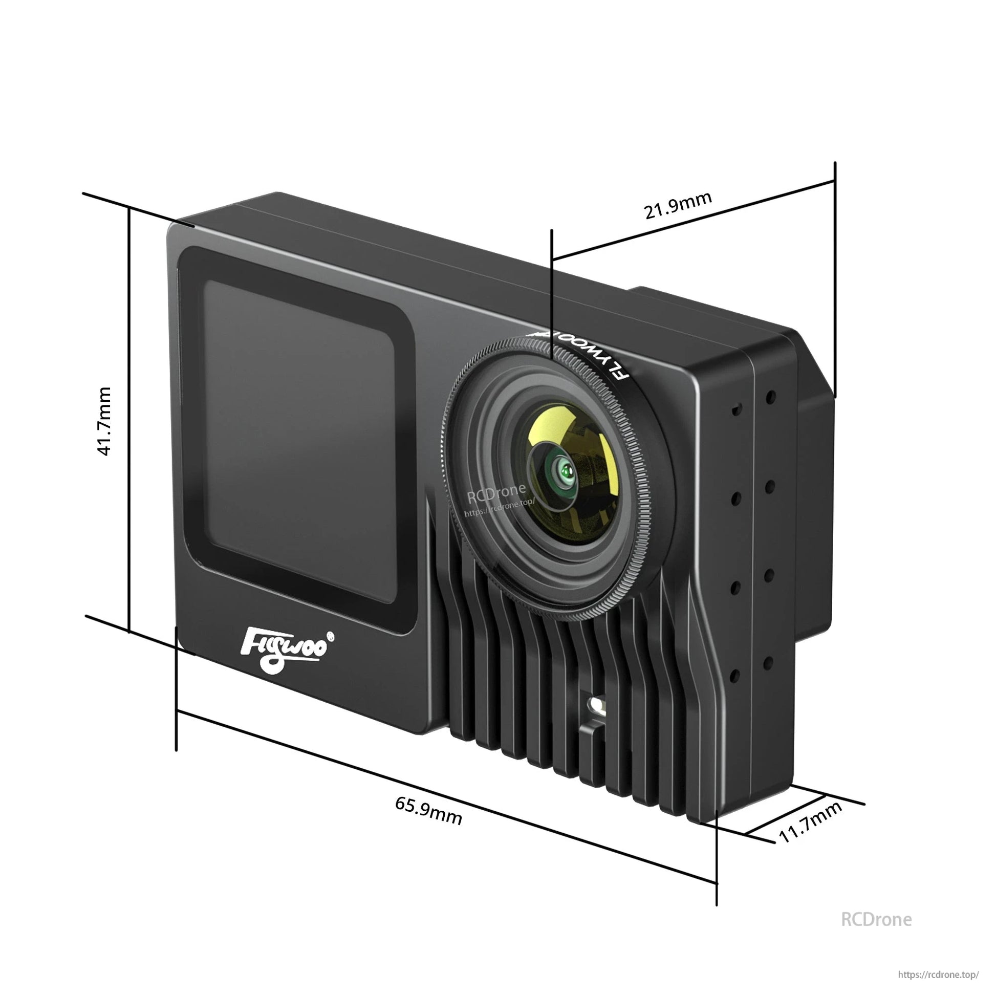 Flywoo Naked GoPro V2 Pro action camera module with front lens, screen, and labeled dimensions (65.9 x 41.7 mm)