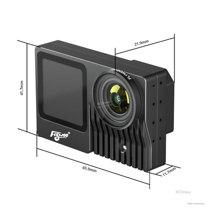 Flywoo Naked GoPro V2 Pro action camera module with front lens, screen, and labeled dimensions (65.9 x 41.7 mm)