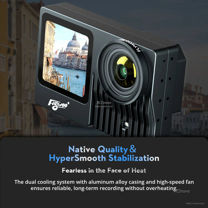 Flywoo Naked GoPro V2 Pro action camera with front screen, wide-angle lens, and finned aluminum cooling housing