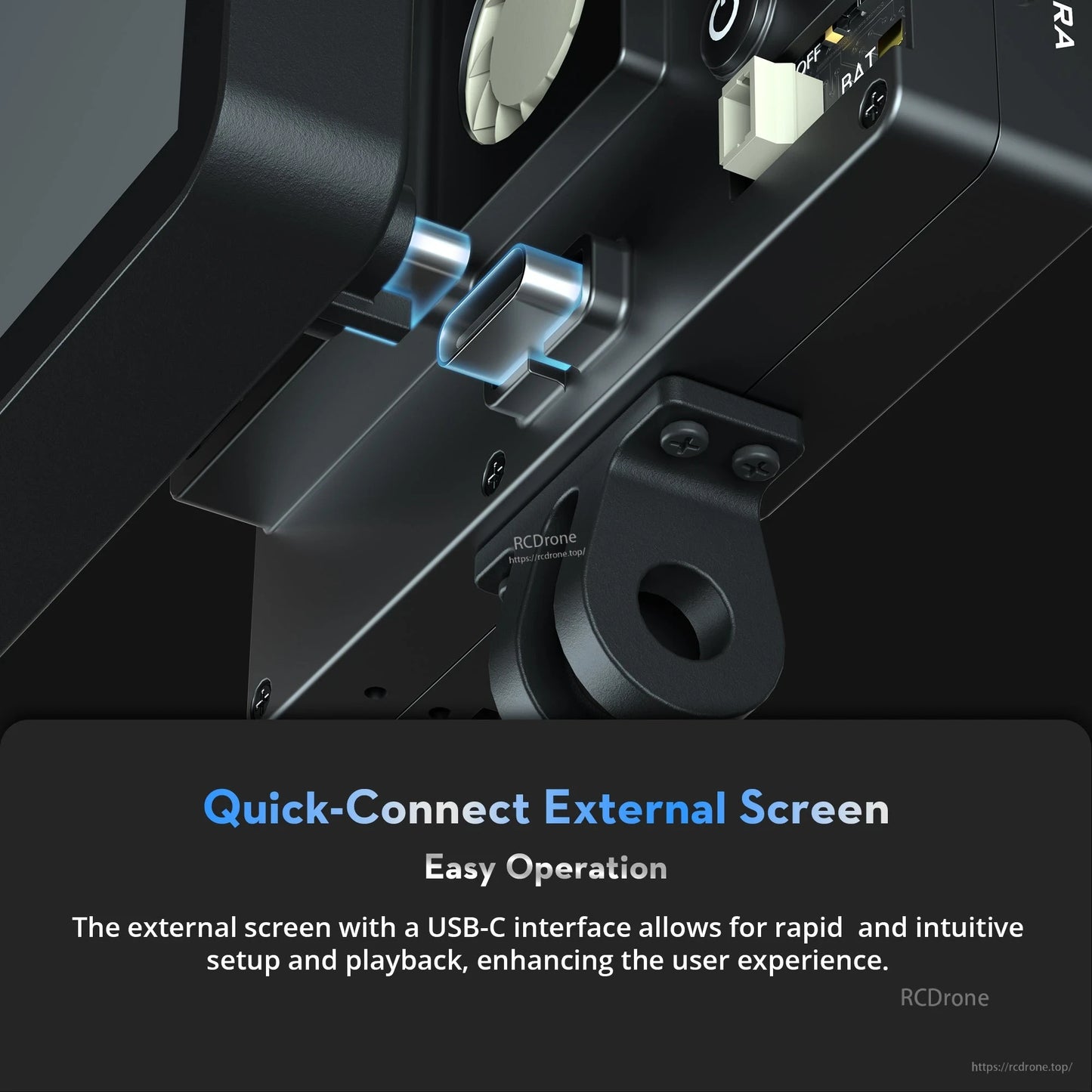 Close-up of Flywoo Naked GoPro V2 Pro camera with quick-connect USB-C external screen interface