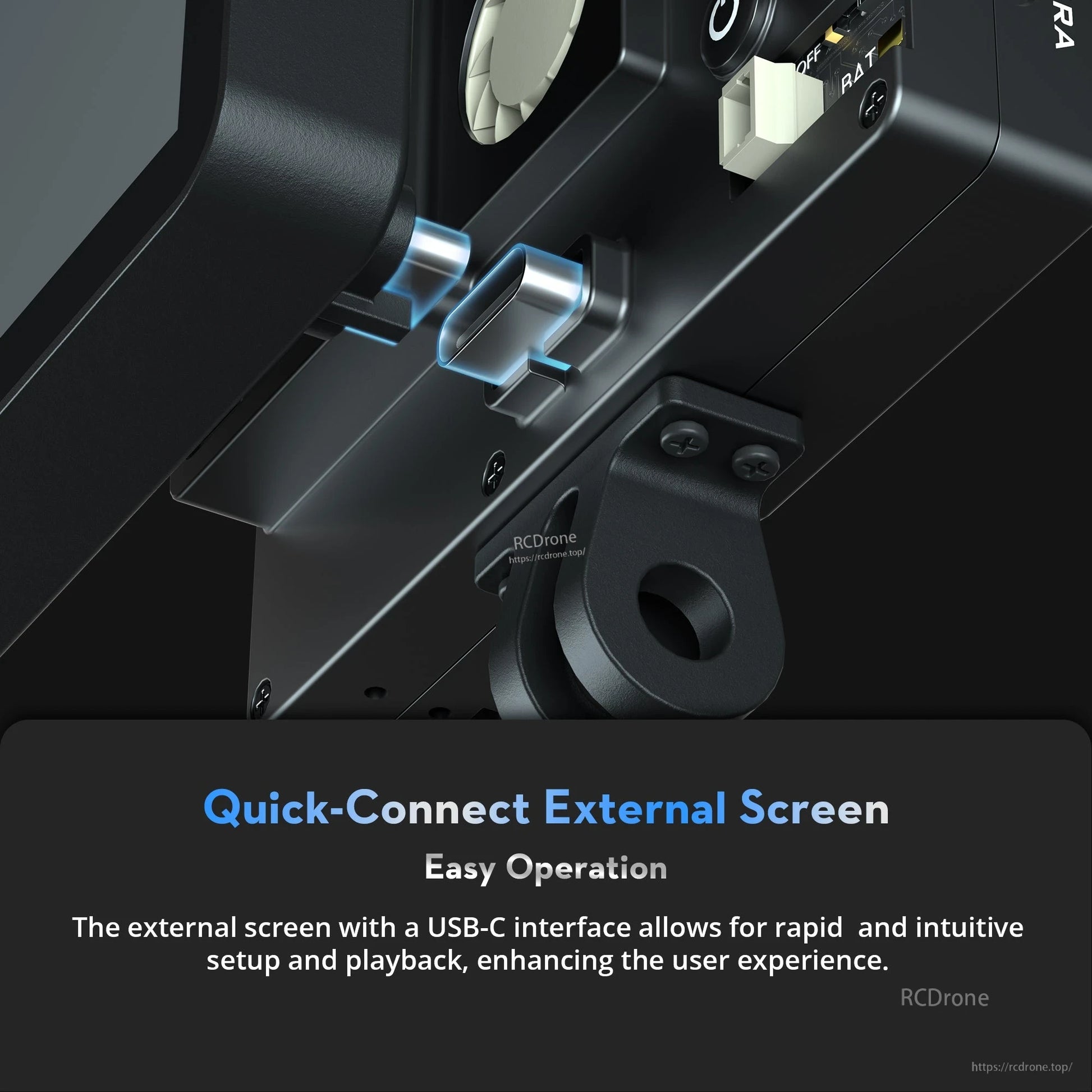 Close-up of Flywoo Naked GoPro V2 Pro camera with quick-connect USB-C external screen interface