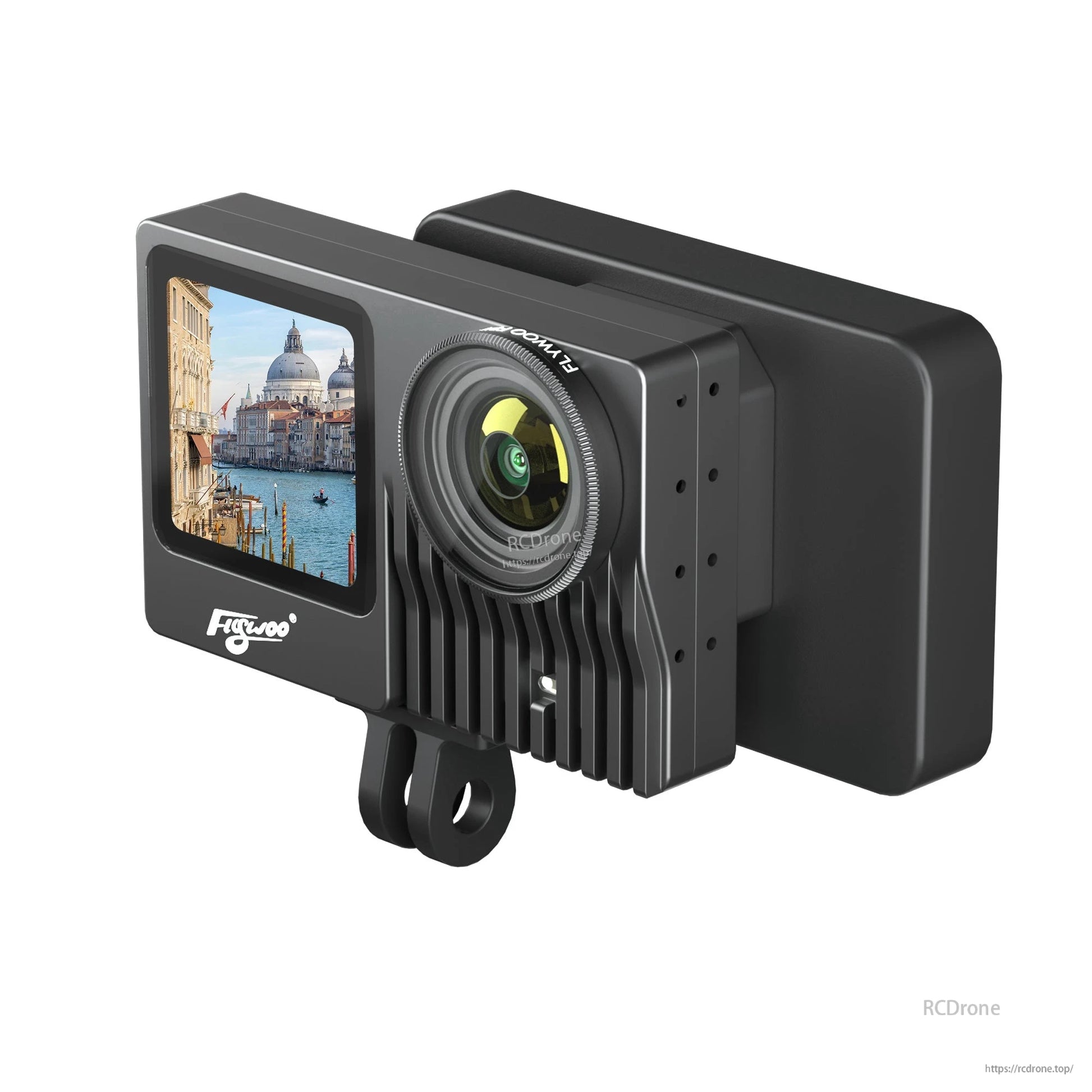 Flywoo Naked GoPro action camera V2 Pro with front lens, small color screen, and finned heatsink body