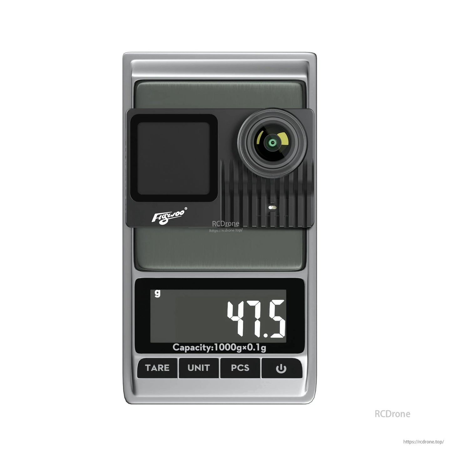 Flywoo Naked GoPro V2 Pro action camera module on a digital scale, showing a 47.5g weight reading