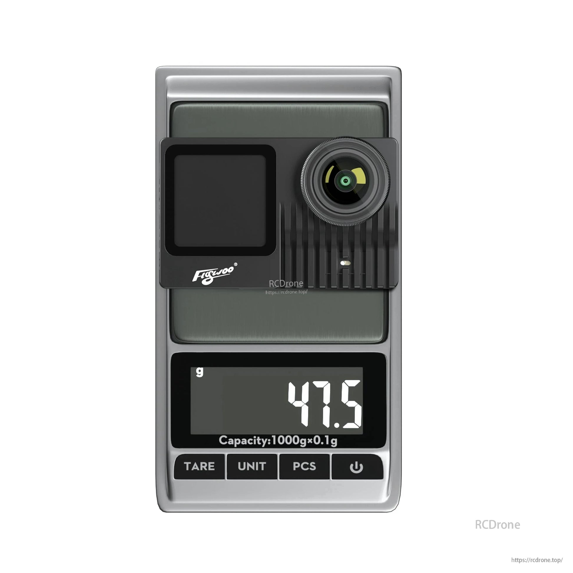 Flywoo Naked GoPro V2 Pro action camera module on a digital scale, showing a 47.5g weight reading