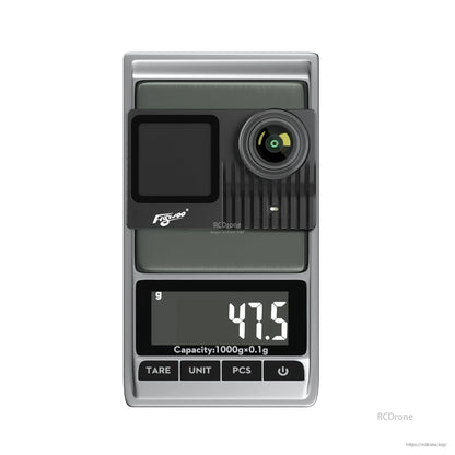 Flywoo Naked GoPro V2 Pro action camera module on a digital scale, showing a 47.5g weight reading