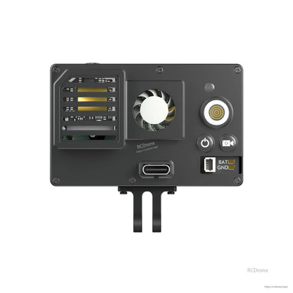 Flywoo Naked GoPro V2 Pro back view with USB-C port, cooling fan, power buttons, and BAT/GND pads