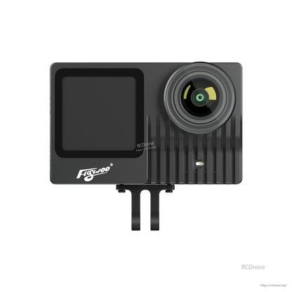 Flywoo naked action camera V2 Pro with front screen, wide-angle lens, finned metal body, and mounting bracket