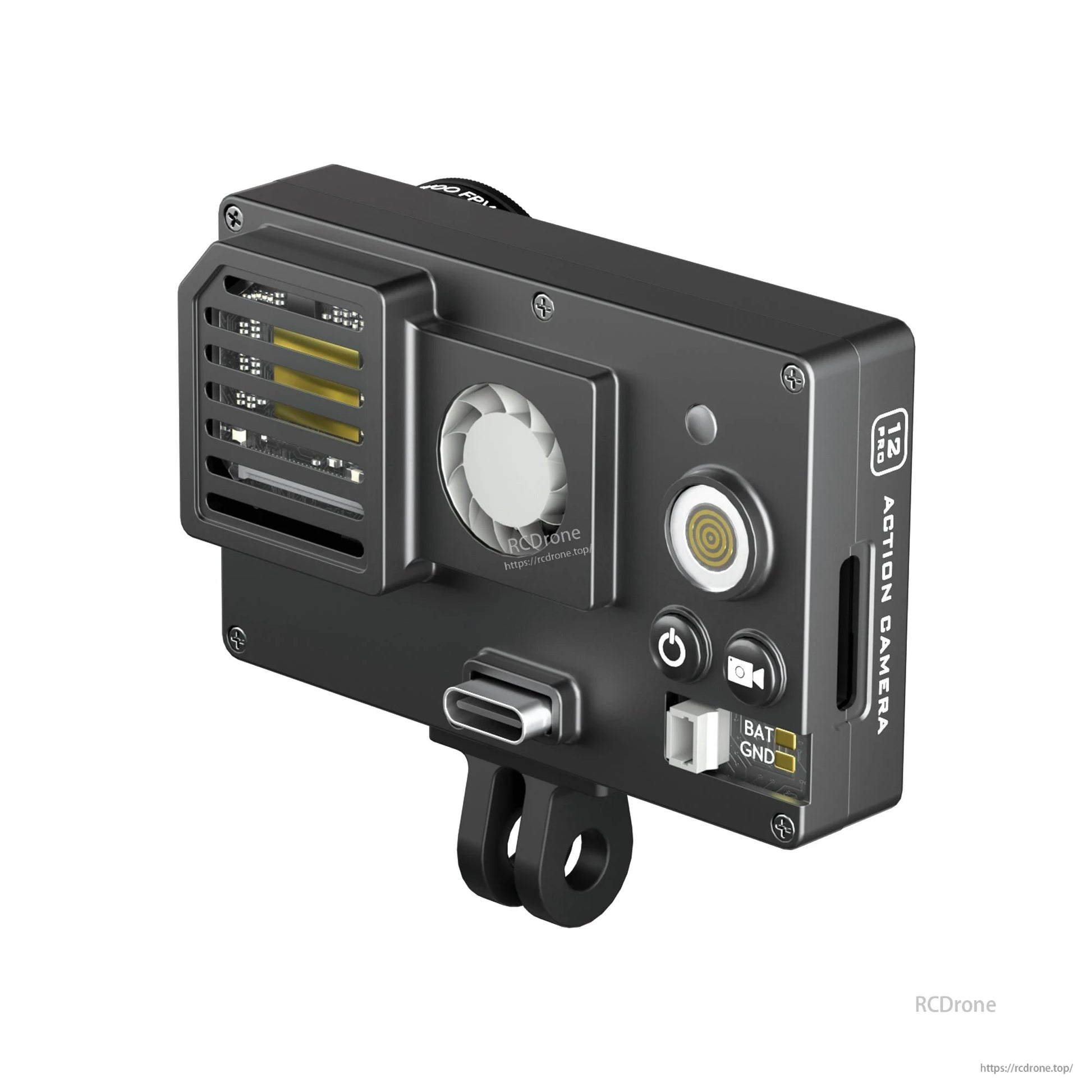 Flywoo Naked GoPro action camera V2 Pro with lens, Type‑C port, power/record buttons and BAT/GND connector