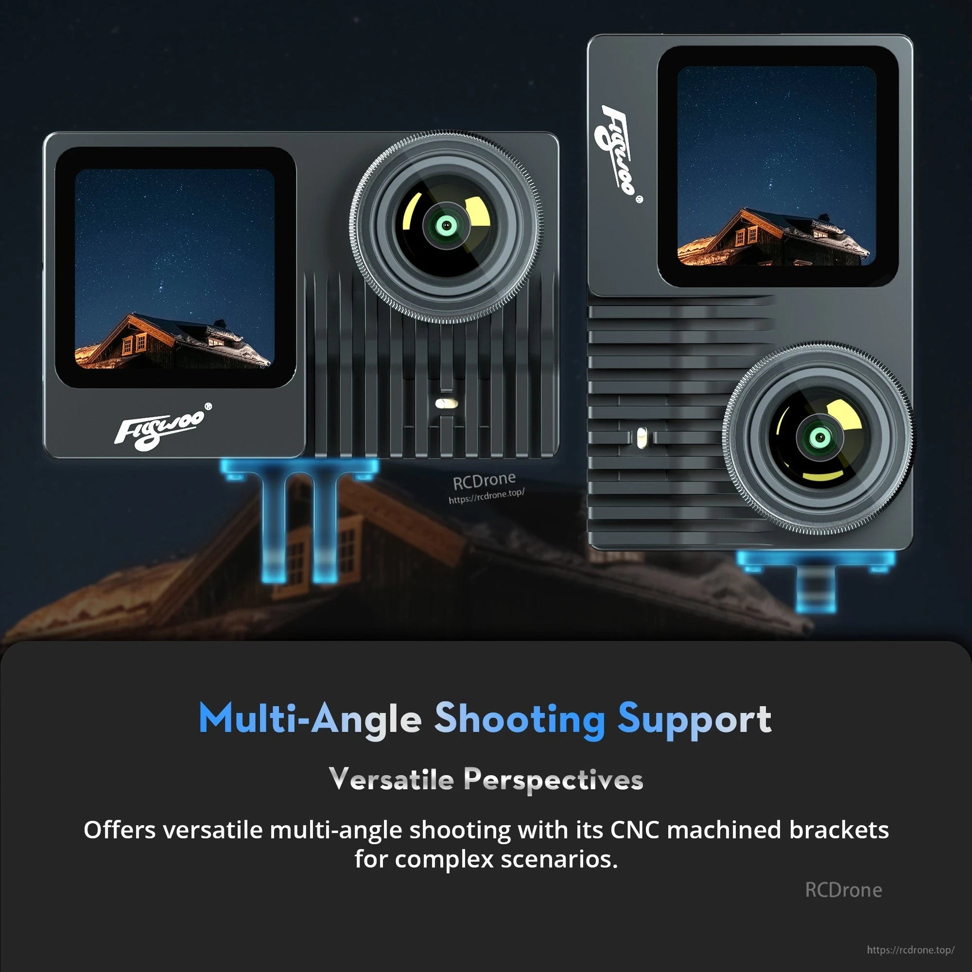 Flywoo Naked GoPro V2 Pro action camera with front lens, screen, and adjustable bracket for multi-angle mounting