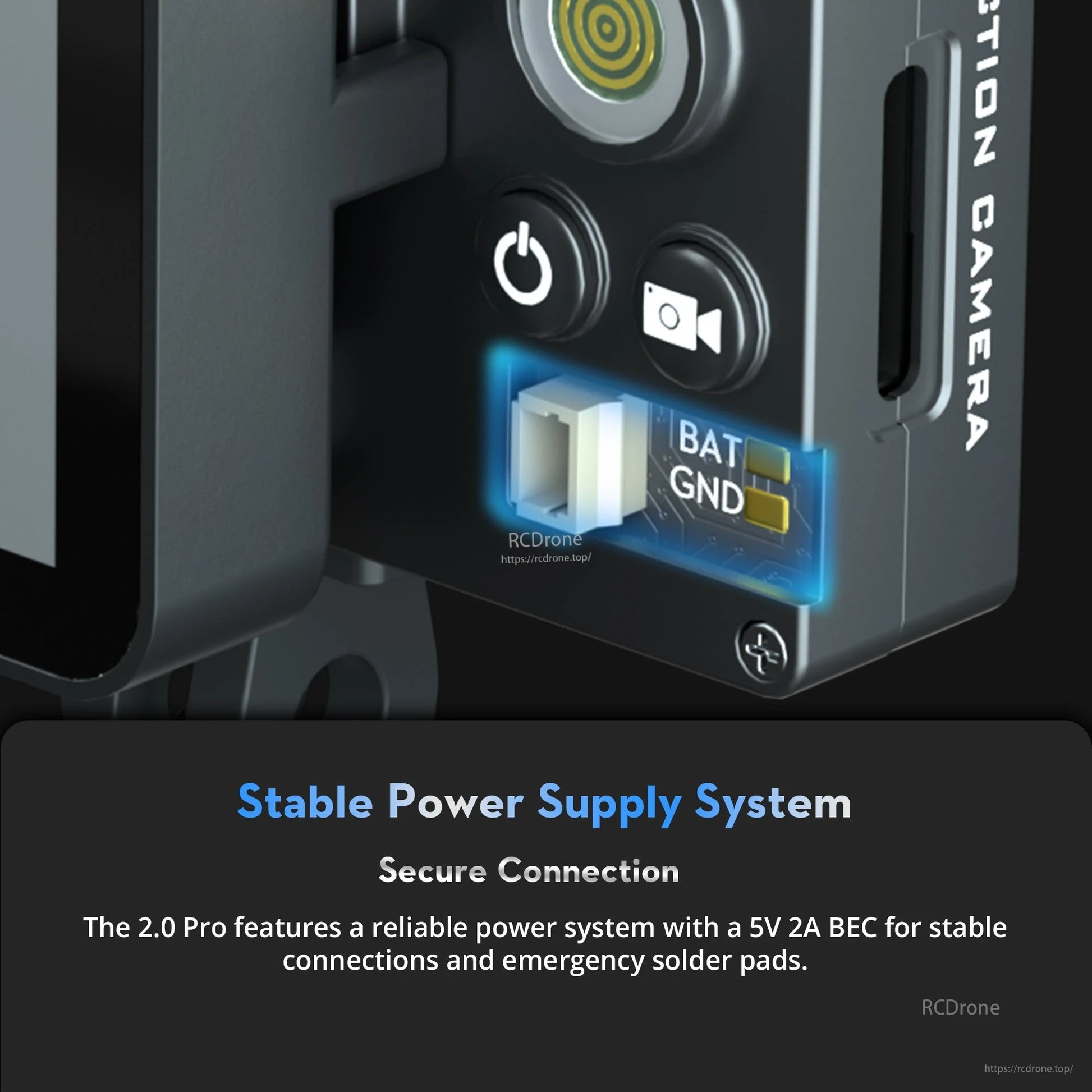Close-up of Flywoo Naked GoPro V2 Pro power input with BAT/GND connector and 5V 2A BEC power system text
