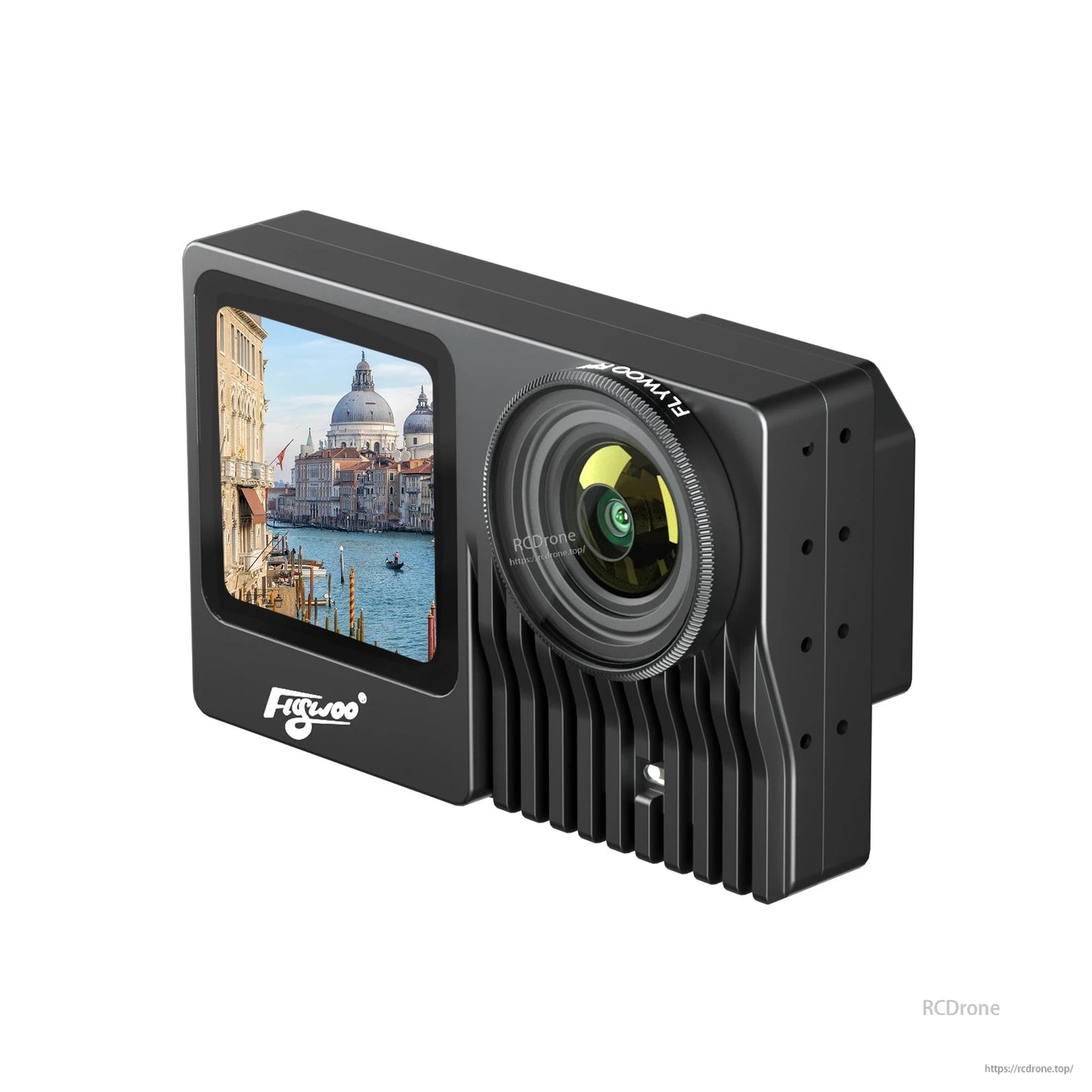 Flywoo Naked GoPro V2 Pro action camera module with front lens and built-in color screen