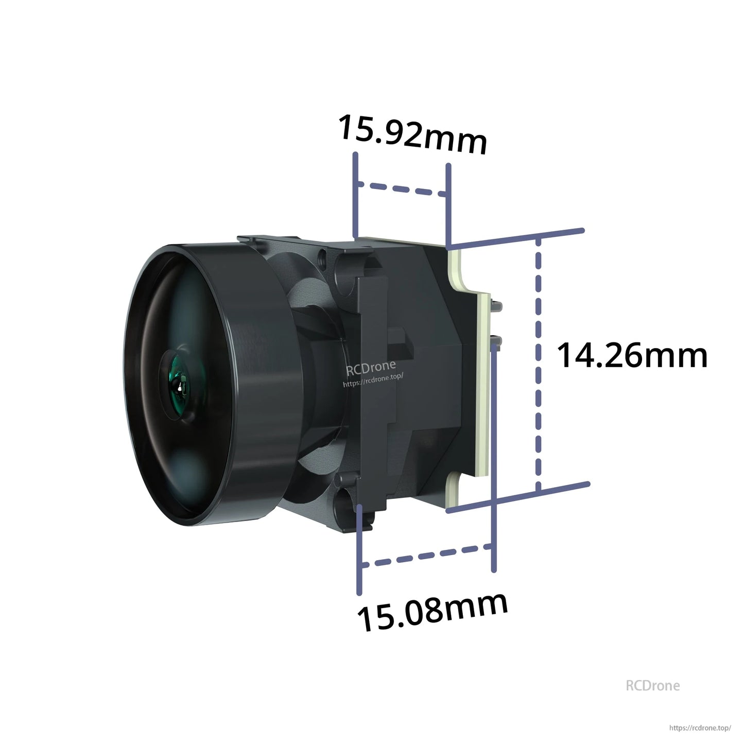 Flywoo Naked O3 camera lens module with housing, showing 15.92 mm, 15.08 mm, and 14.26 mm dimensions