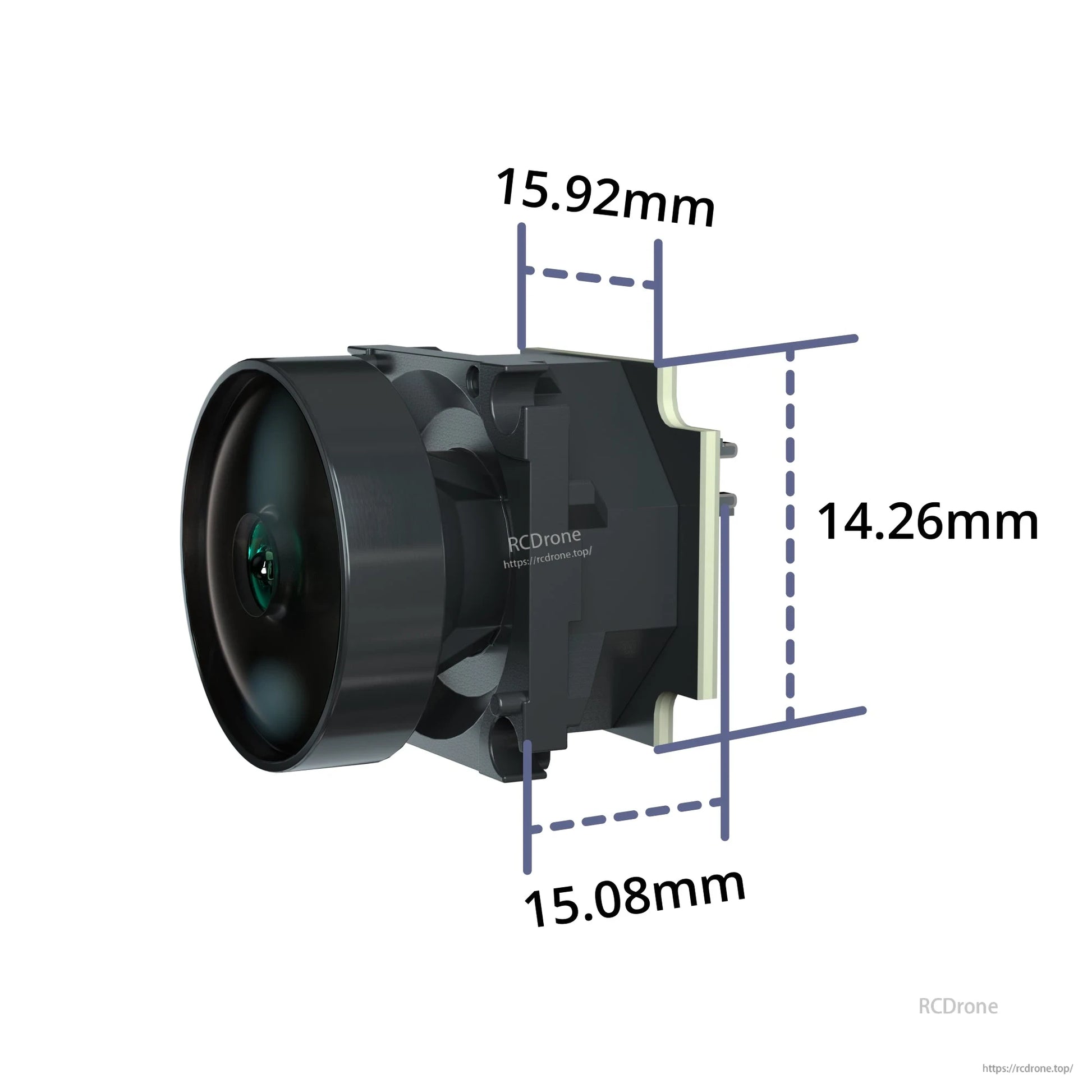 Flywoo Naked O3 camera lens module with housing, showing 15.92 mm, 15.08 mm, and 14.26 mm dimensions