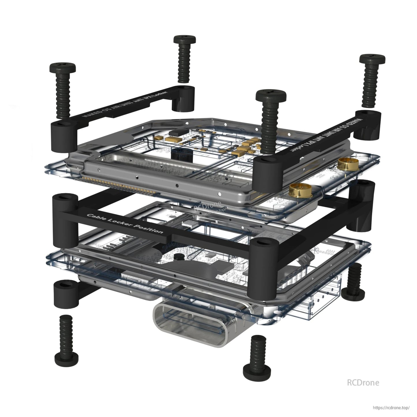 Exploded view of Flywoo Naked O3 upgrade case with black frame, standoffs, screws, and clear mounting plates