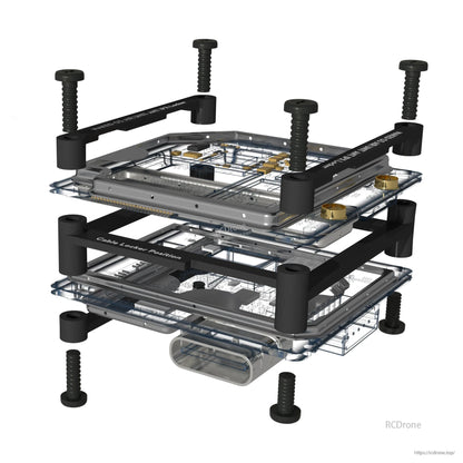 Exploded view of Flywoo Naked O3 upgrade case with black frame, standoffs, screws, and clear mounting plates