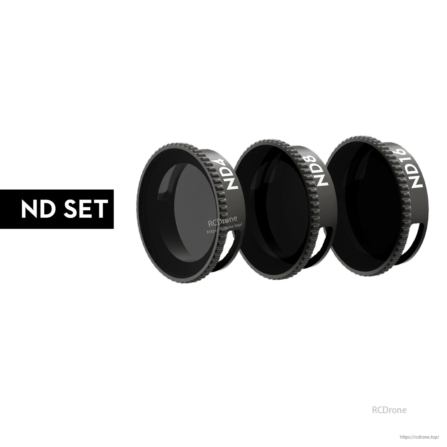 Flywoo Naked O3 Upgrade Case, Set of three circular ND camera filters labeled ND4, ND8, and ND16 with ridged frames