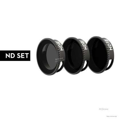 Flywoo Naked O3 Upgrade Case, Set of three circular ND camera filters labeled ND4, ND8, and ND16 with ridged frames